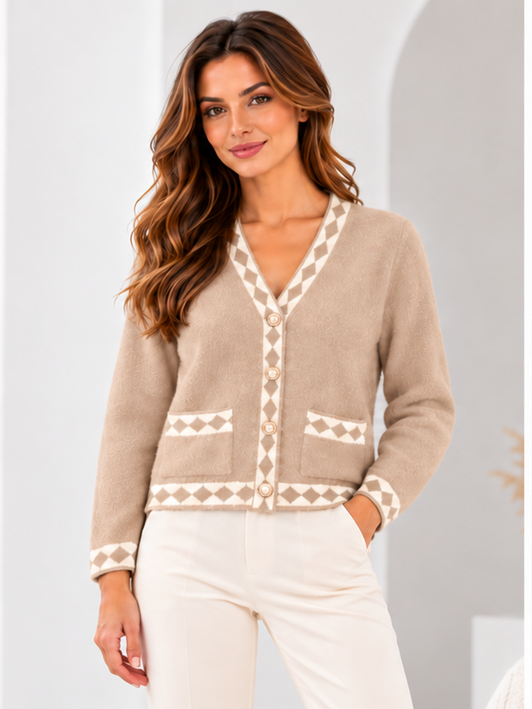 Model wearing the argyle-trim knit cardigan in Beige