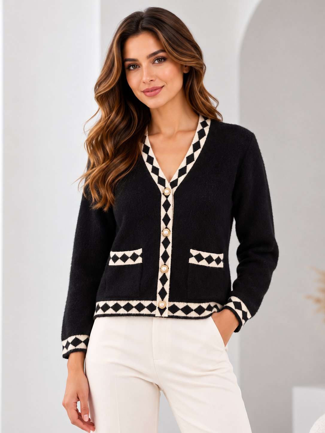 Model wearing the argyle-trim knit cardigan in Black