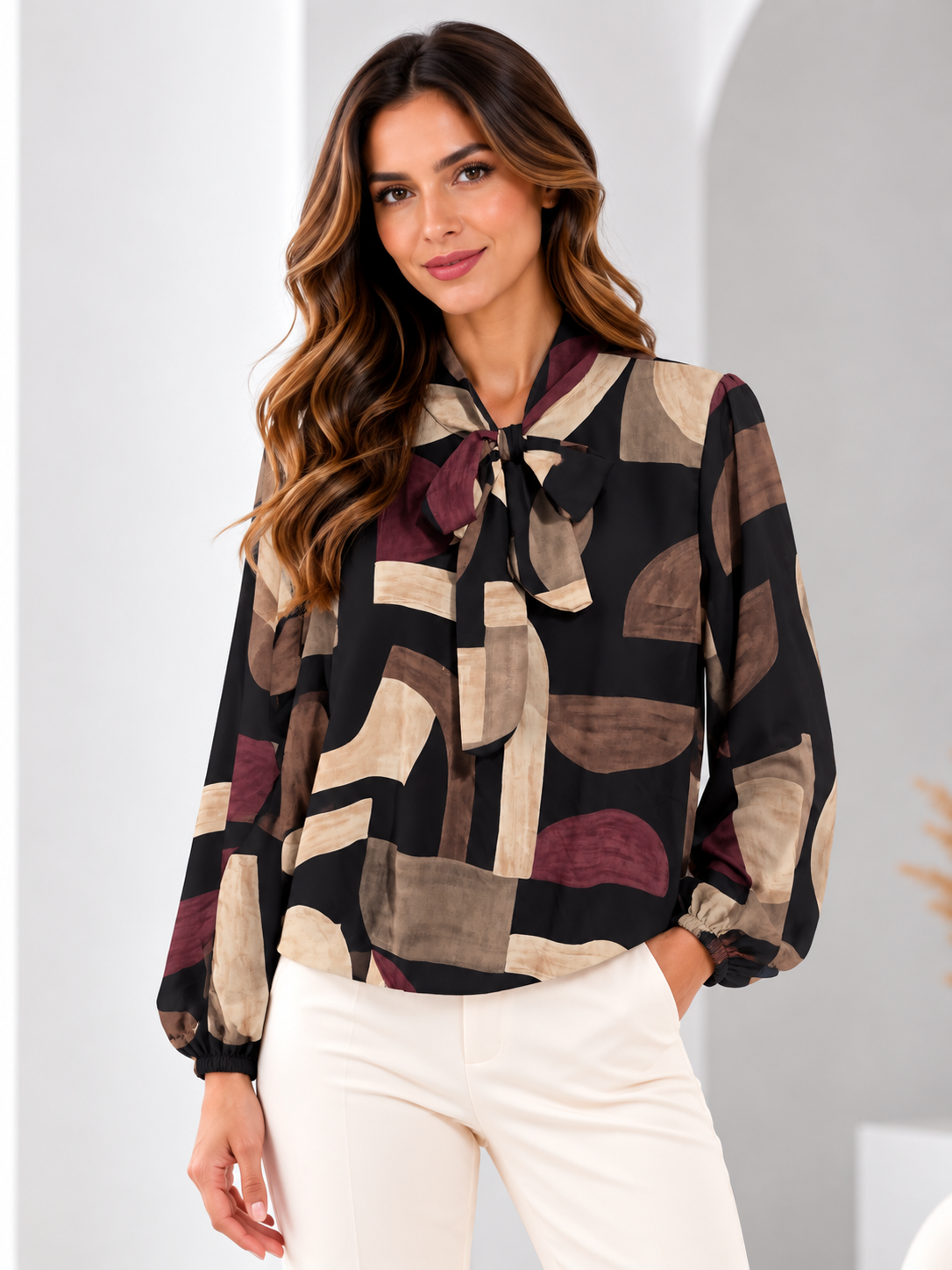 Model wearing the geometric bow-neck blouse in Black