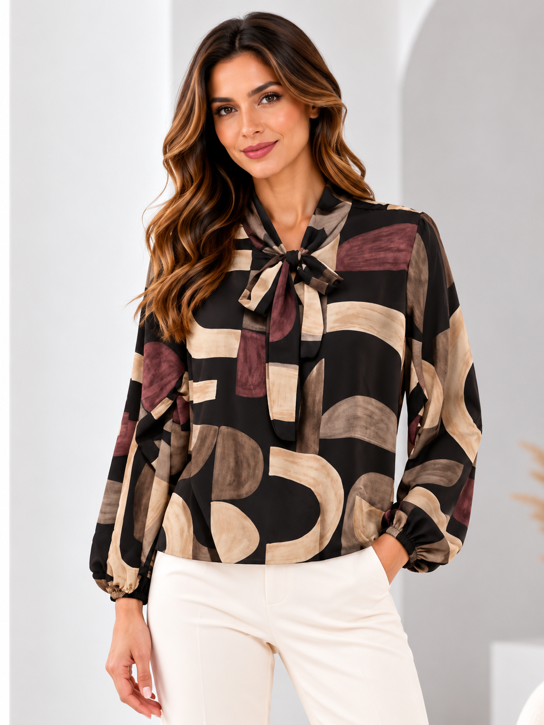 Model wearing the geometric bow-neck blouse in Burgundy