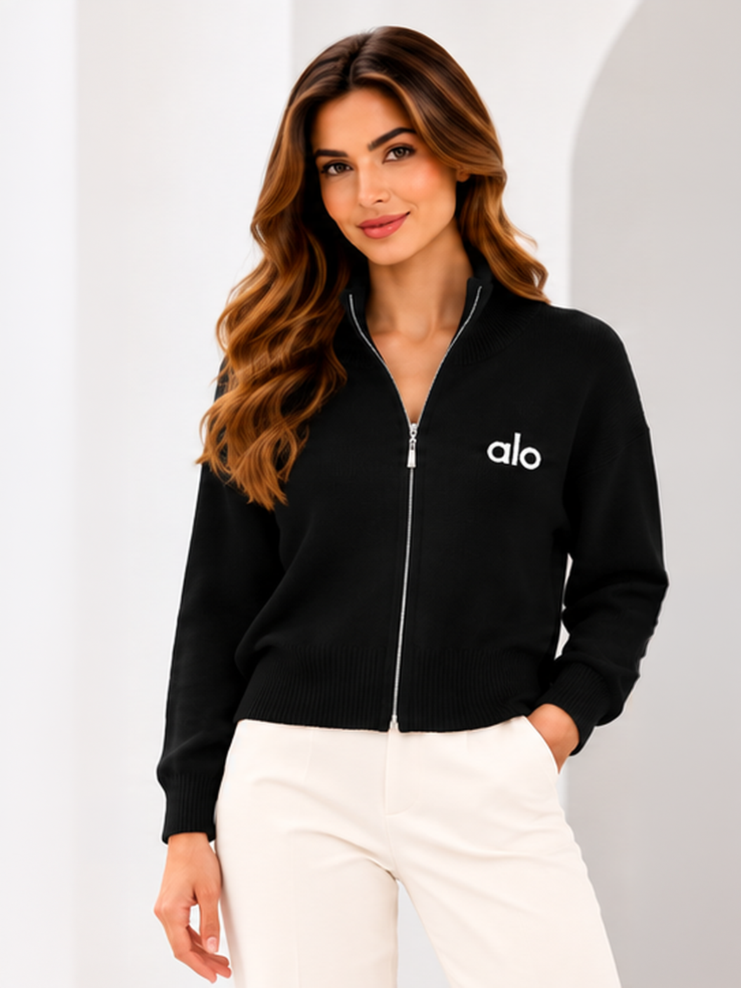 Model wearing the zip-up knit cardigan in Black