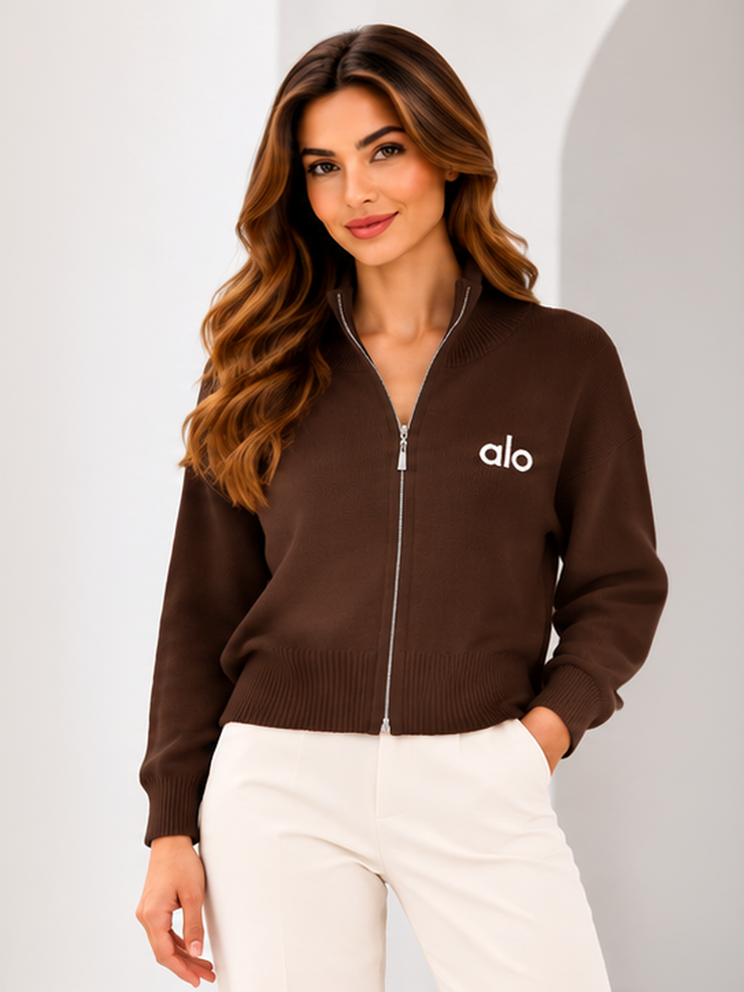 Model wearing the zip-up knit cardigan in Brown
