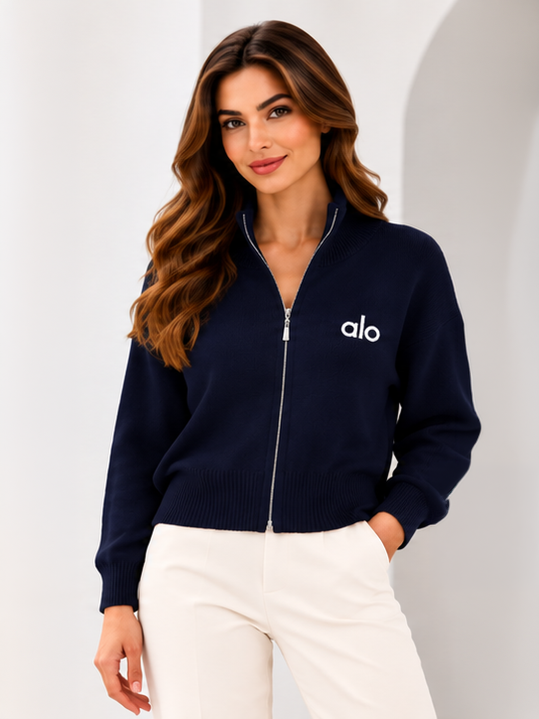 Model wearing the zip-up knit cardigan in Navy